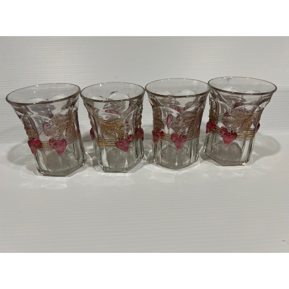 Vintage Strawberry Gold Leaf Hexagonal Base Juice Glasses Set of 4 Pink Clear
